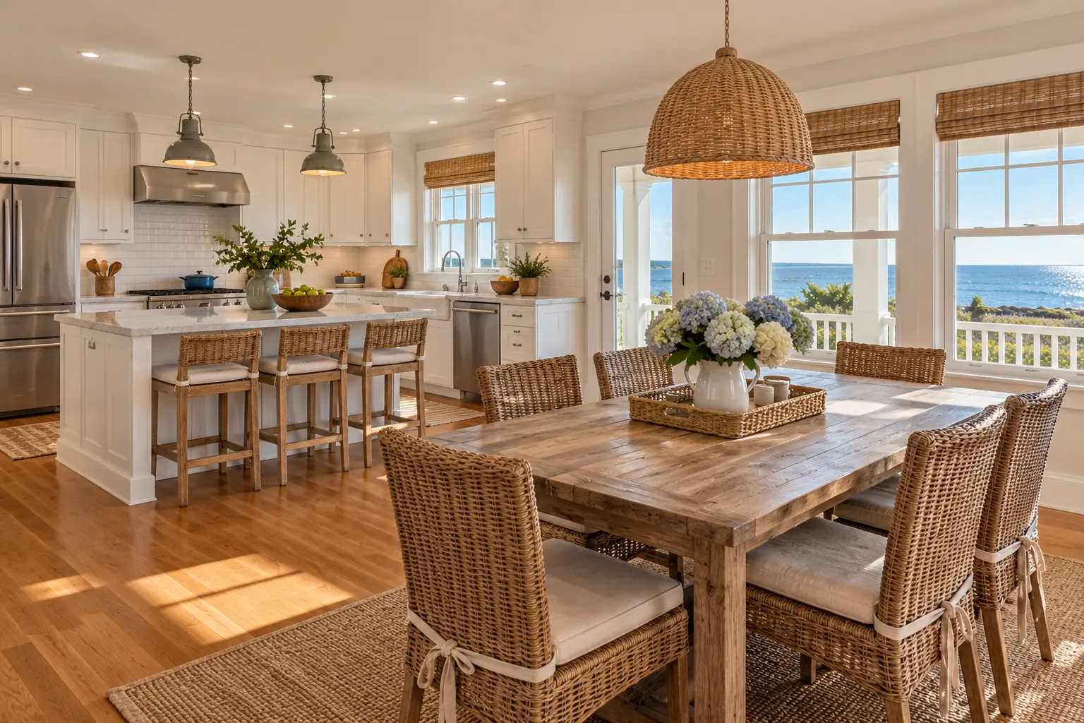 Woods Hole shingle house: the kitchen and dining table