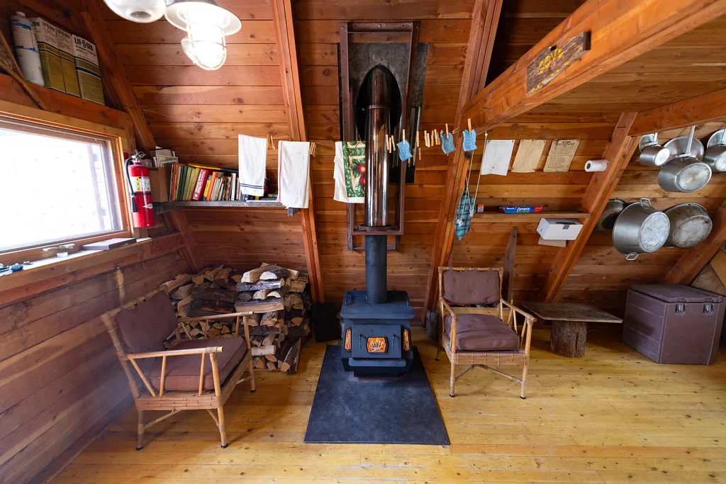 Wood stove between two armchairs with stacked firewood and bookshelves