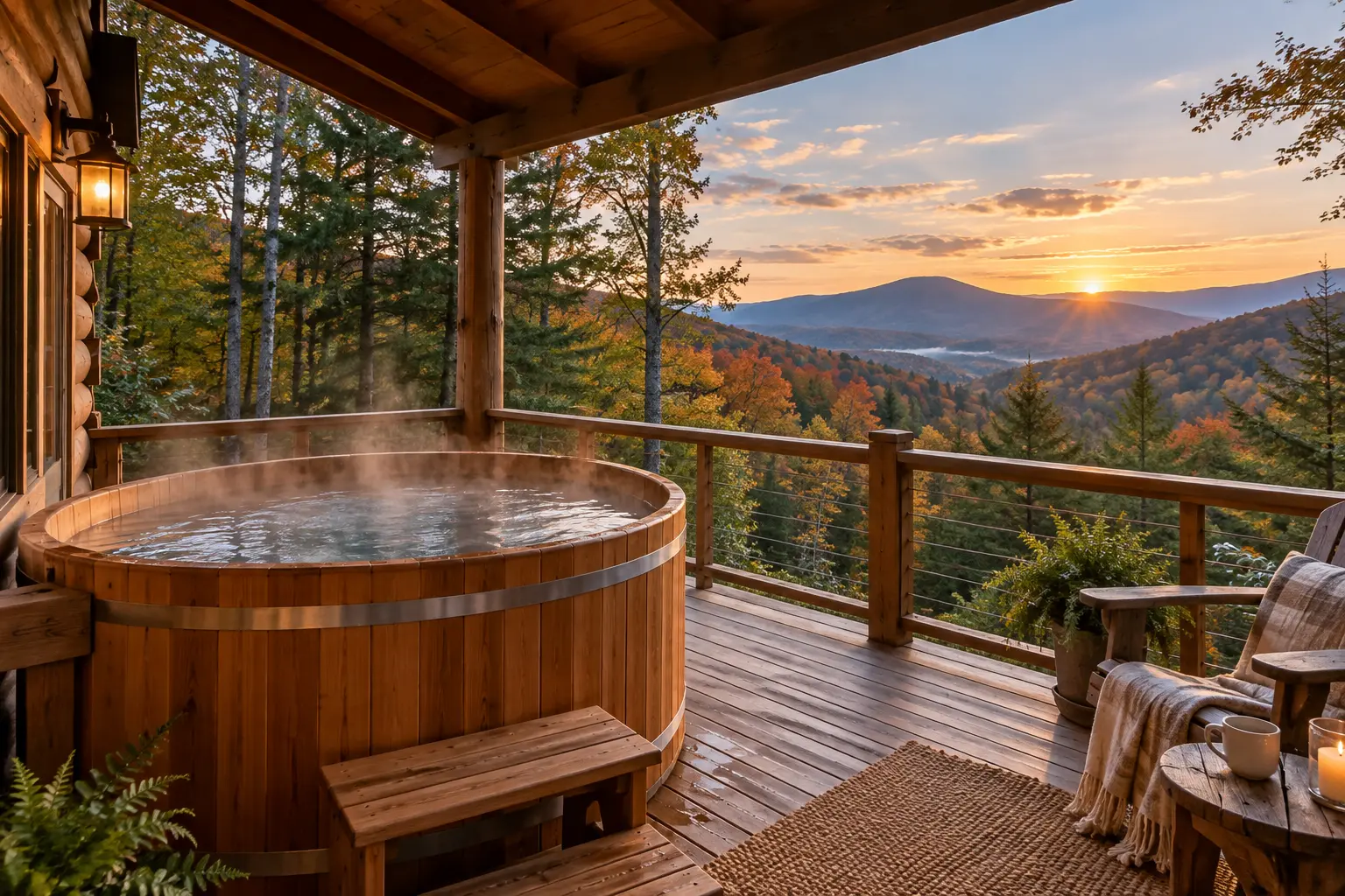 Hemlock Ridge Cabin with hot tub: the hot tub, the mountains beyond