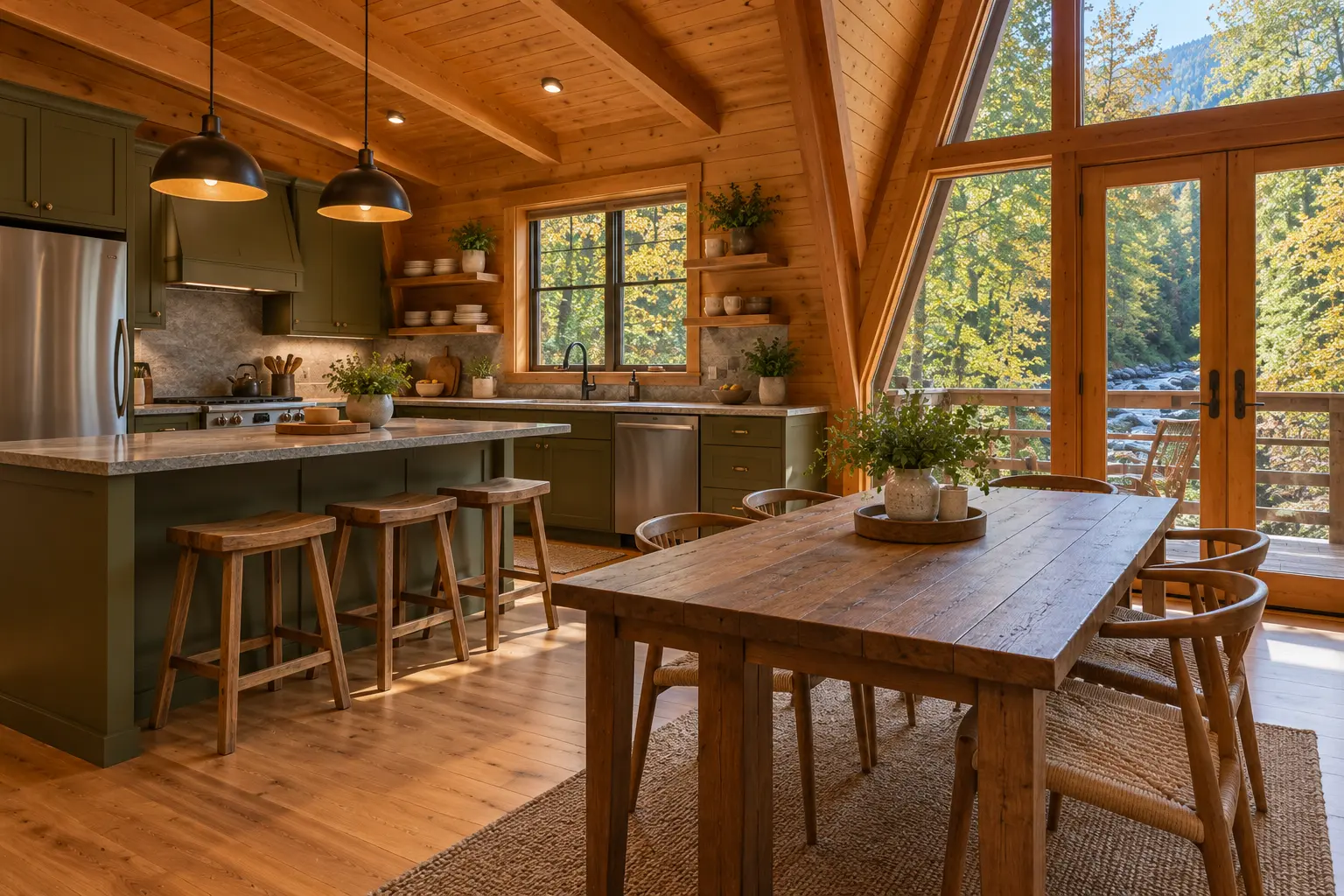 Laurel Fork A-frame: the kitchen and dining table