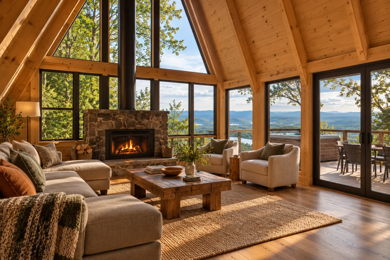 Overlook A-frame: the living area with its fireplace