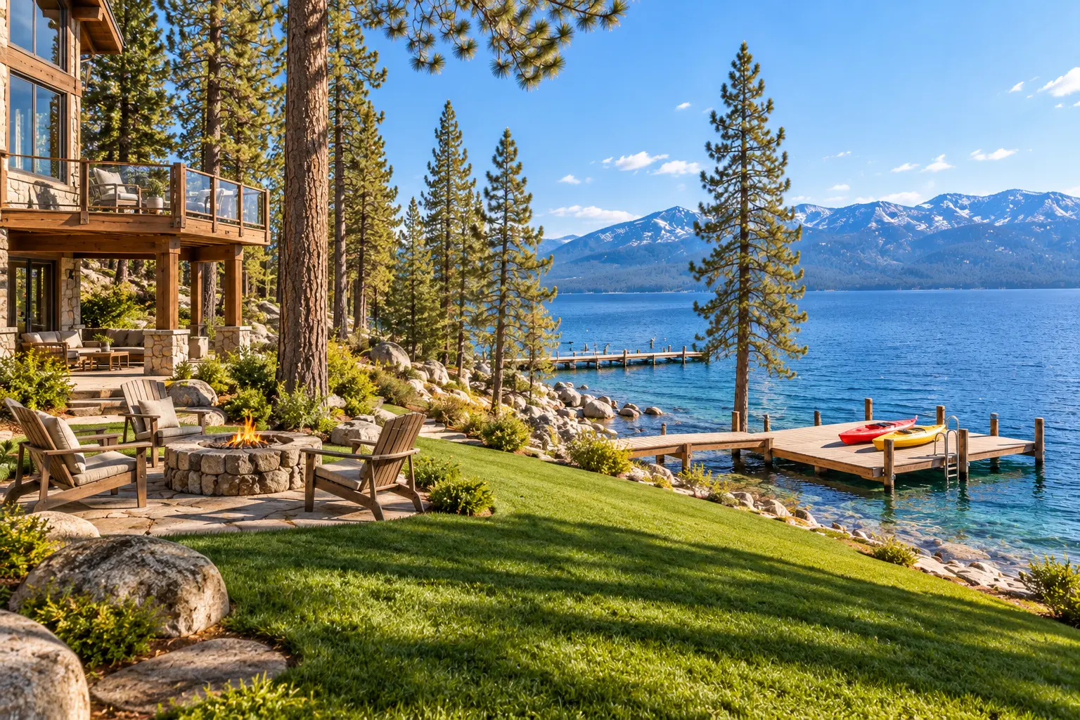 West Shore lake house: the lawn down to the water and the kayaks
