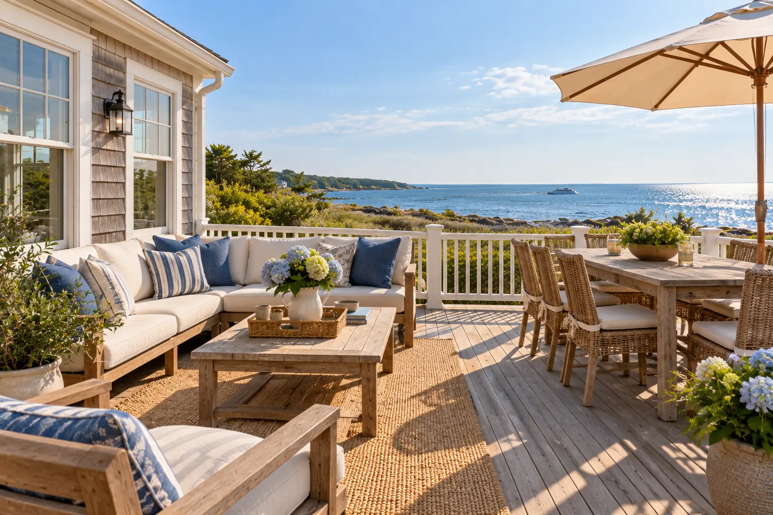 Woods Hole shingle house: the deck, looking out at the ocean