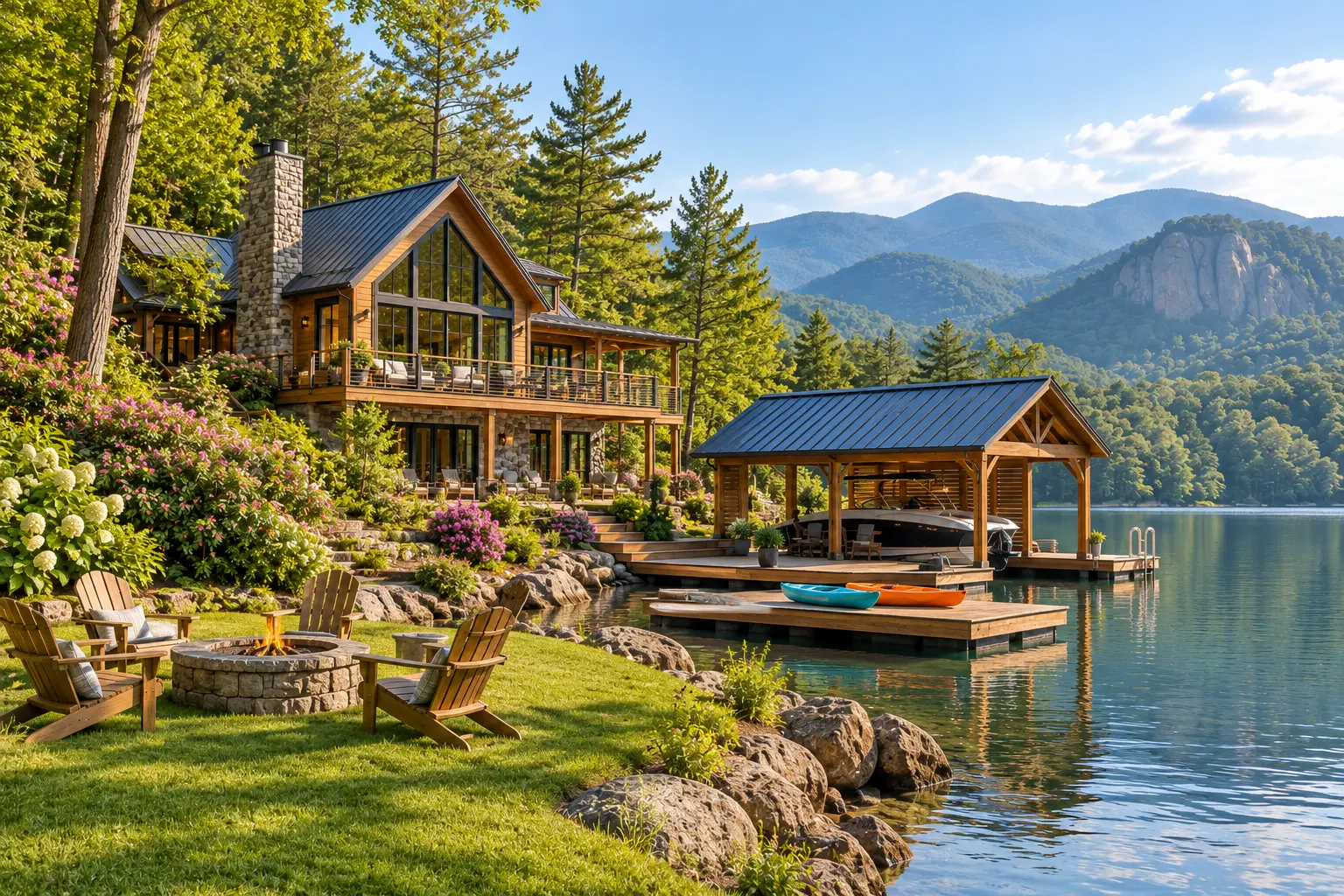 Lake Lure boathouse: the lawn down to the water and the kayaks