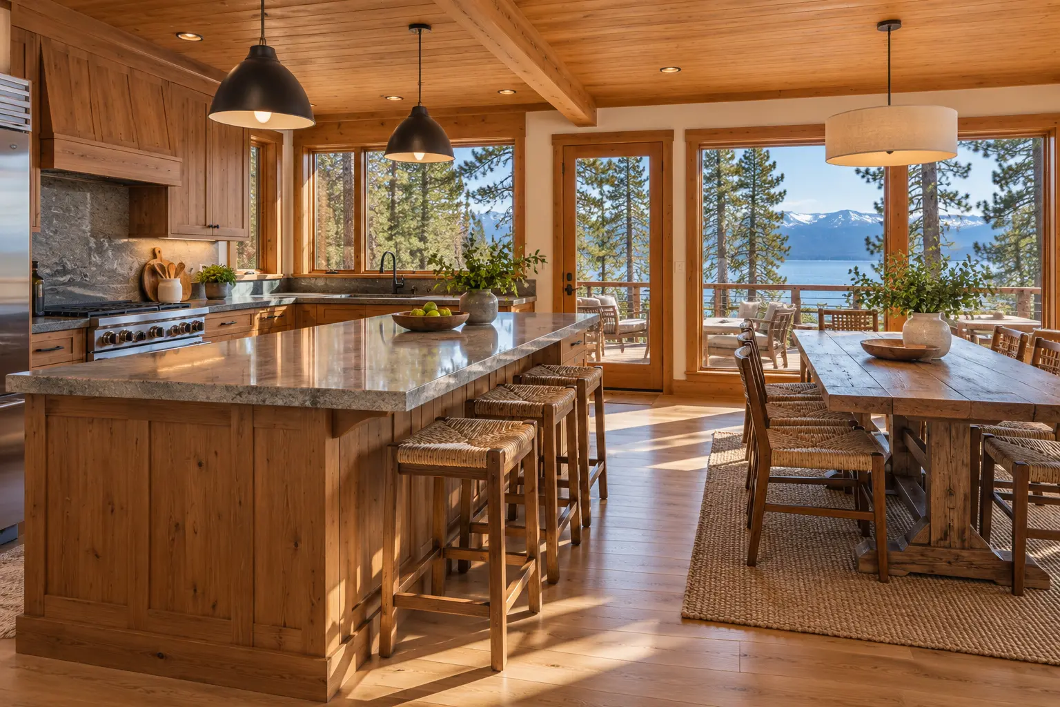 Camp Richardson lake house: the kitchen and dining table