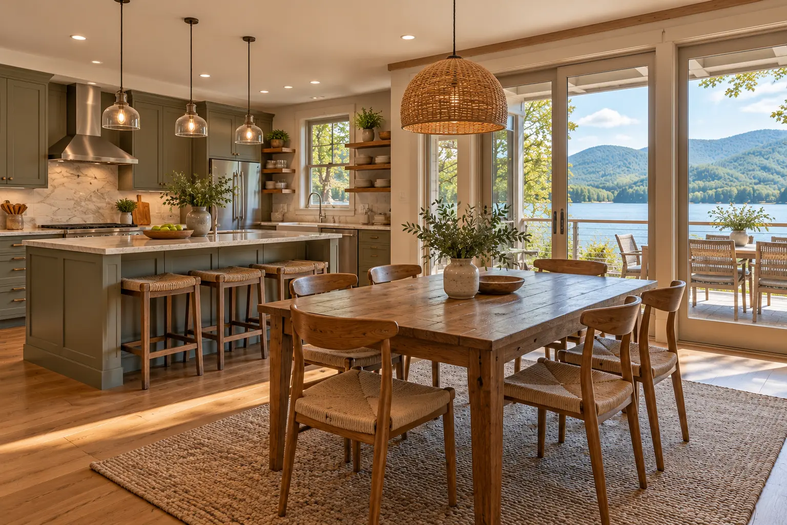 Lake Lure boathouse: the kitchen and dining table