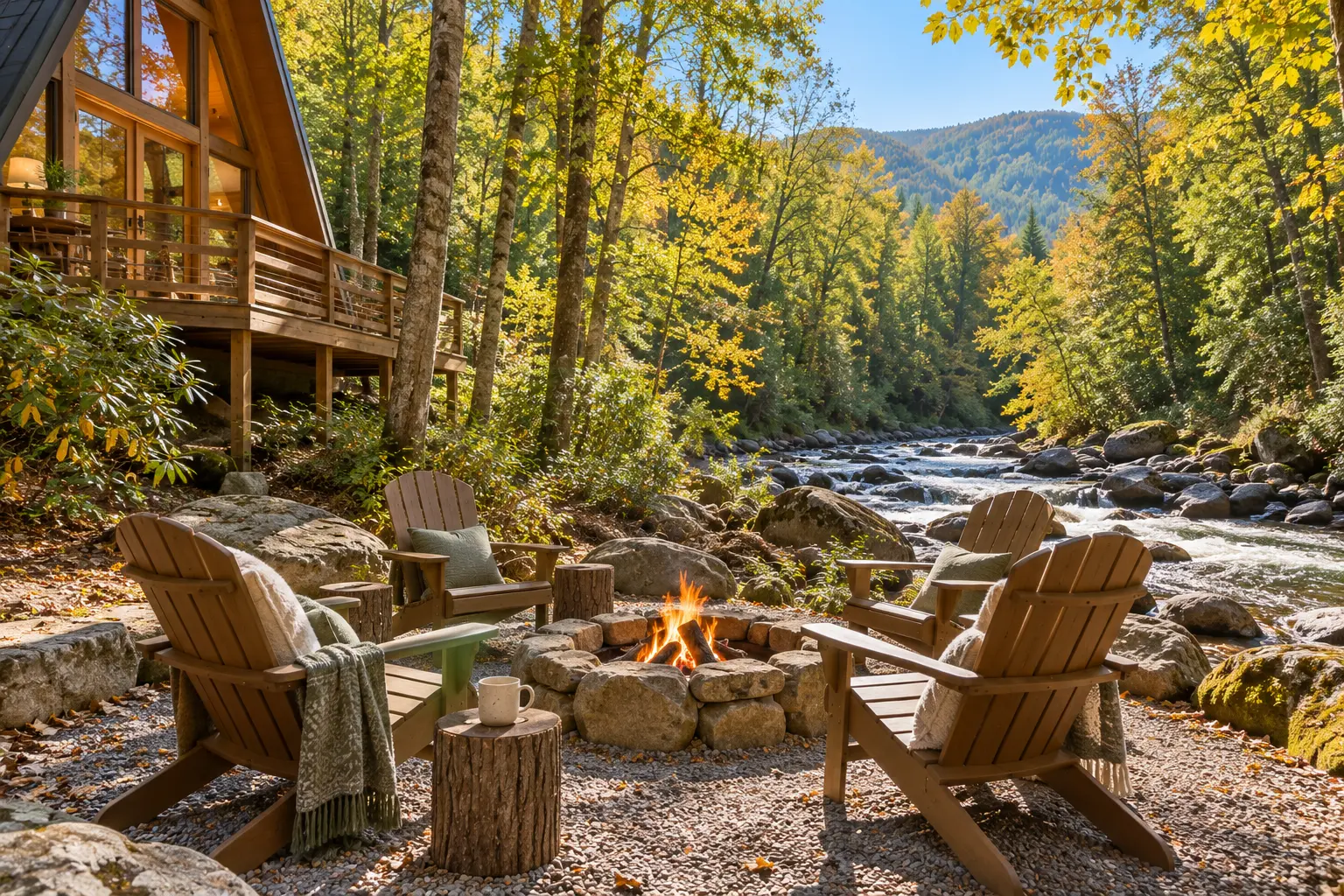 Laurel Fork A-frame: the fire pit, the river beyond