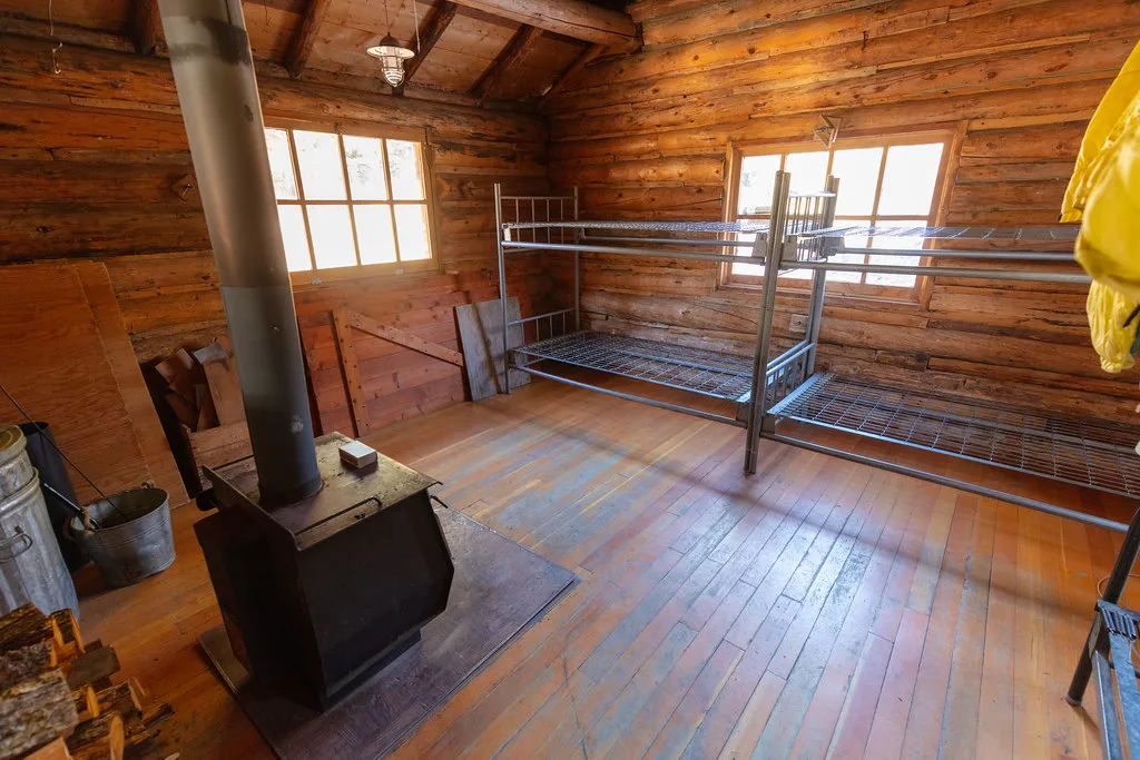 Wood stove on a plank floor in a log-walled room