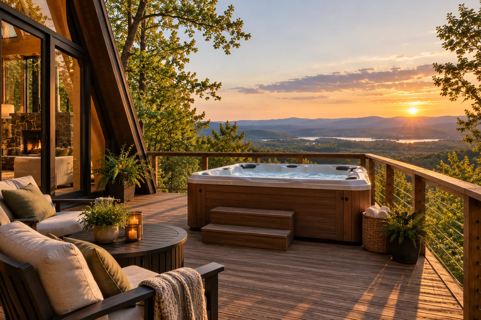 Overlook A-frame: the hot tub, the mountains beyond