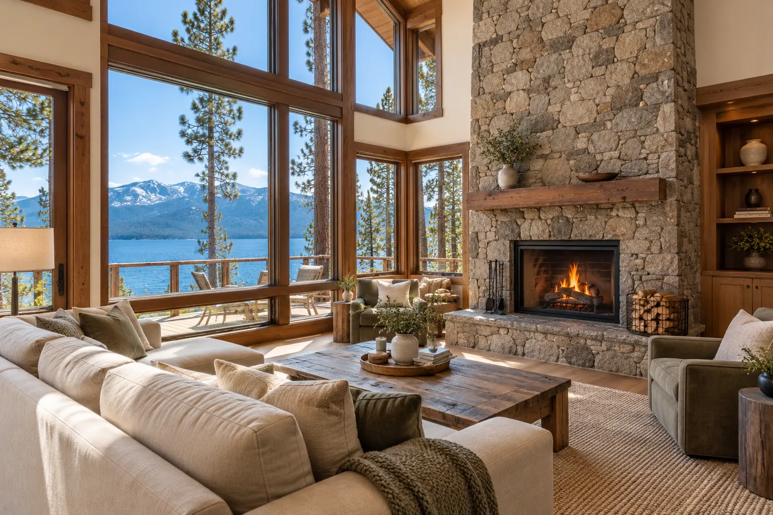 West Shore lake house: the living area with its fireplace
